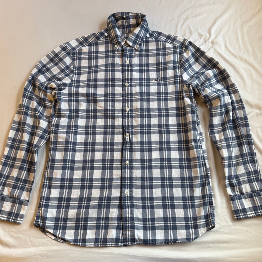 Vineyard Vines Mens Classic Fit Whale Shirt Navy White Plaid Cotton Small